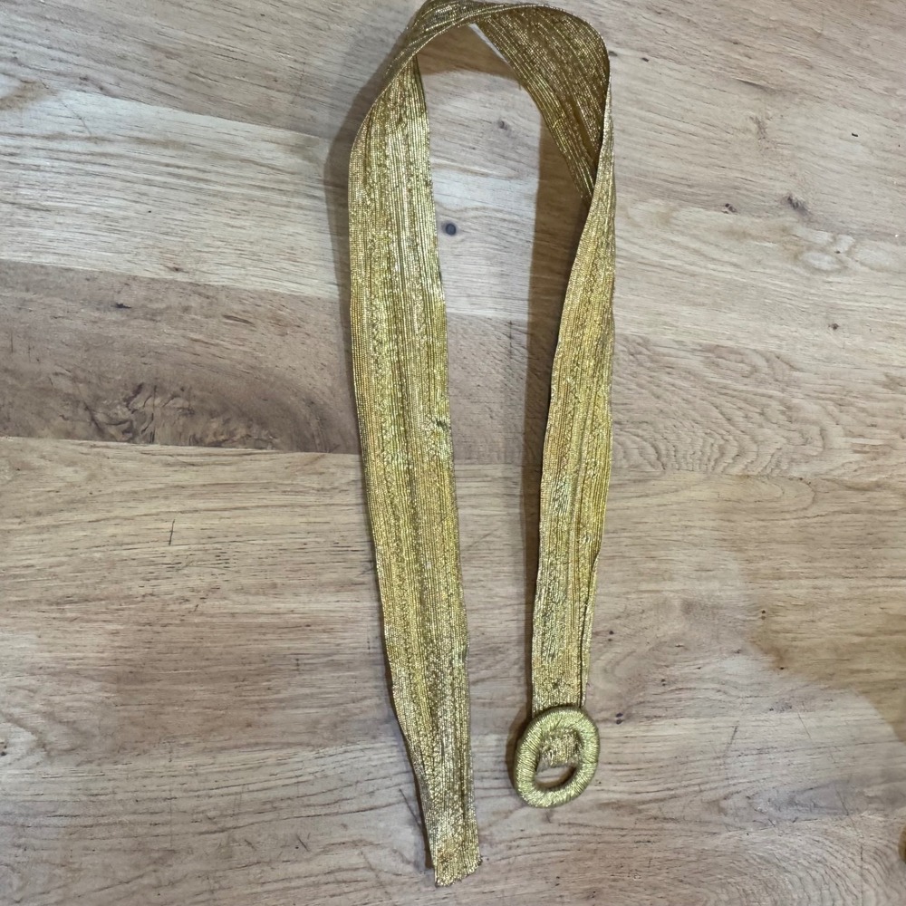 Vintage Gold Metallic Woven Belt Fabric Covered Round Buckle Cinch Belt 36 inch